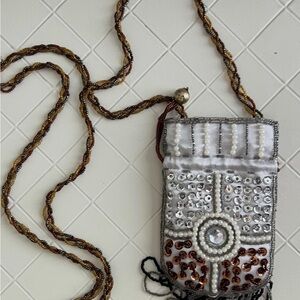 Chic Beaded Crossbody Bag - White and Brown